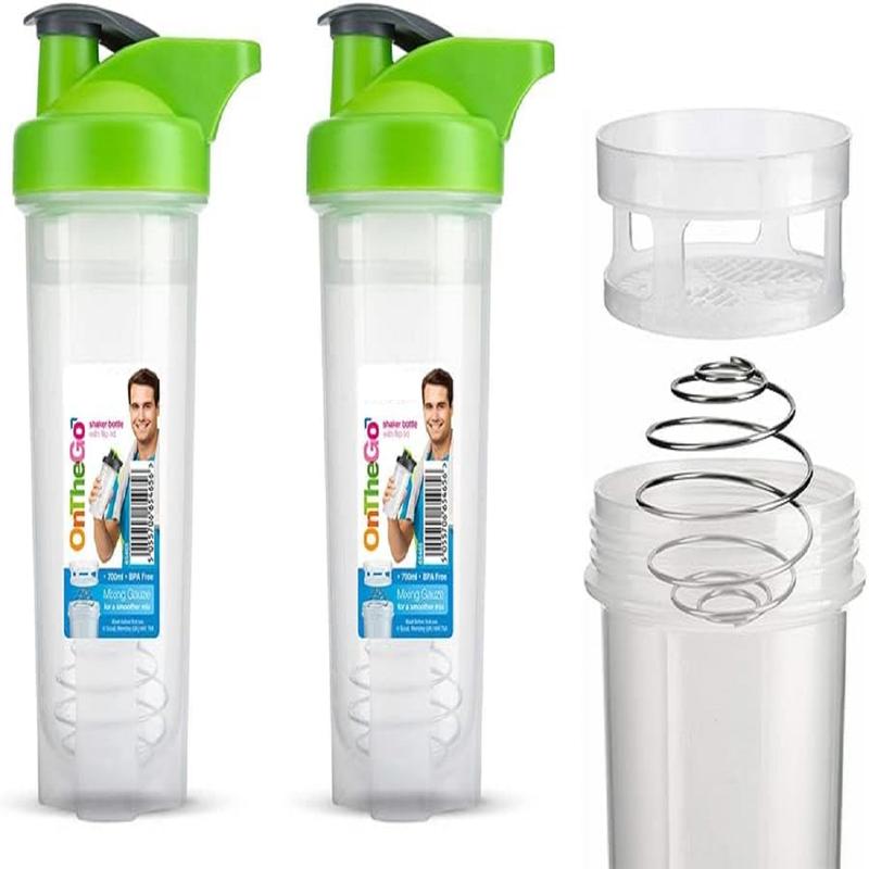 HOMESHOPA 2 x 700ml Protein Shaker Bottle with Mixer Ball for Supplement Shakes, Powder Shaker Bottles, Leakproof Screw On Lid & Secure Drinking Flap Cap, BPA Free Large Sport Gym Blender Bottle-2 per Pack 2