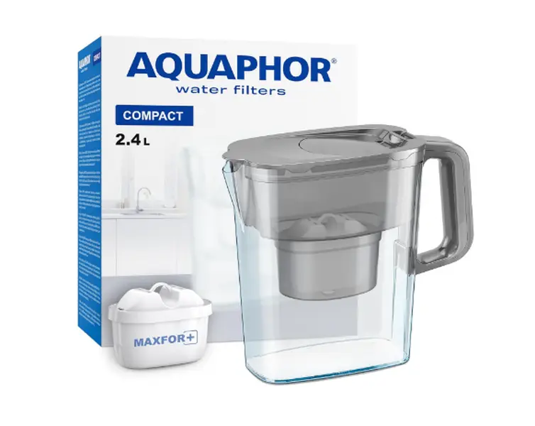 Water Filter Jug Compact Grey, Space-saving, Lightweight Fridge door fit 2.4L Capacity 1 X Maxfor+ Filter Included Reduces Limescale Chlorine & Microplastics