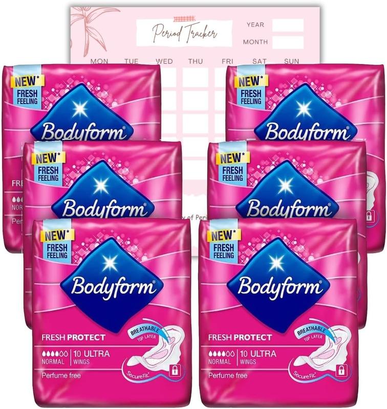 Body Form 10 Ultra Sanitary Towels with Wings Pack of 6, 60 (10 x6 Packs) Perfume Free Period Pads, Normal Flow Cour-V Ultra with Caliko Period Tracker 0