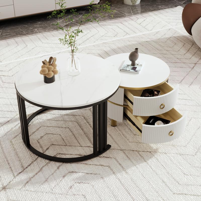 2024 High Quanlity 2-in-1 round MDF coffee table with 1 high-gloss table top and 1 side table with brown tempered glass tabletop, living room coffee table set with 2 drawers, 70*70*45 + 50*50*40 cm Modern Furniture Coffee Table for Living Room 1