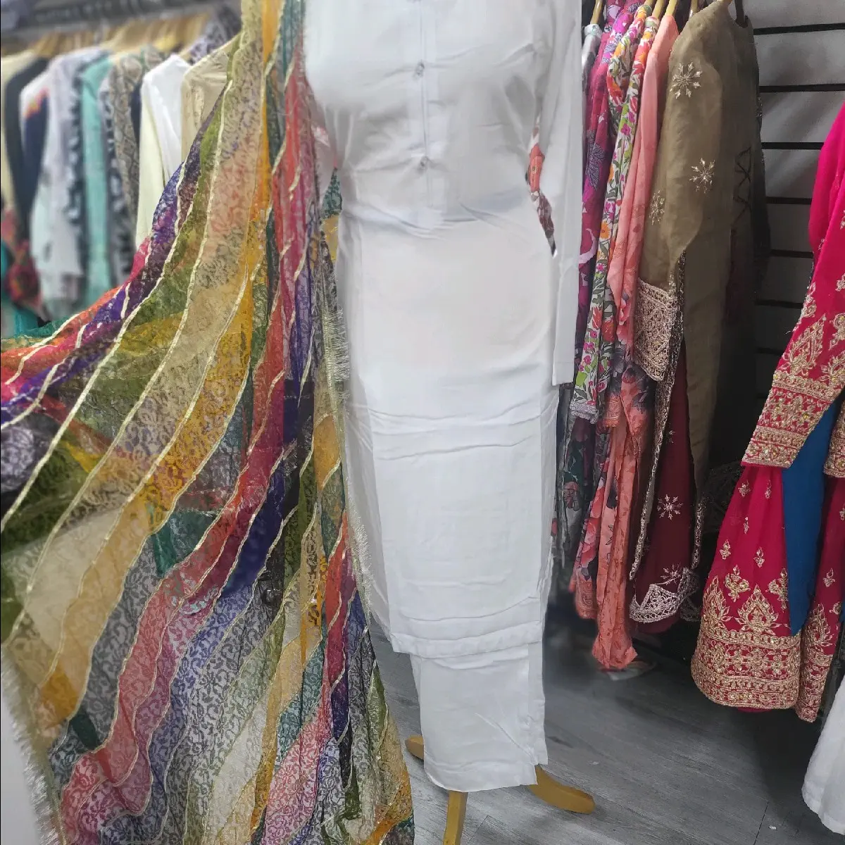 linen white trouser and kameez with multi colour duppata