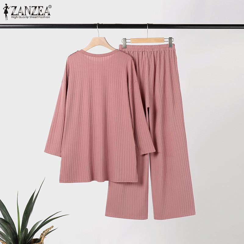 Product Introduction of Long Sleeve Blouse Wide Leg Pants Sets ZANZEA Women Matching Sets Solid Islamic Clothing Muslim Tracksuit Outifits 2PCS 17