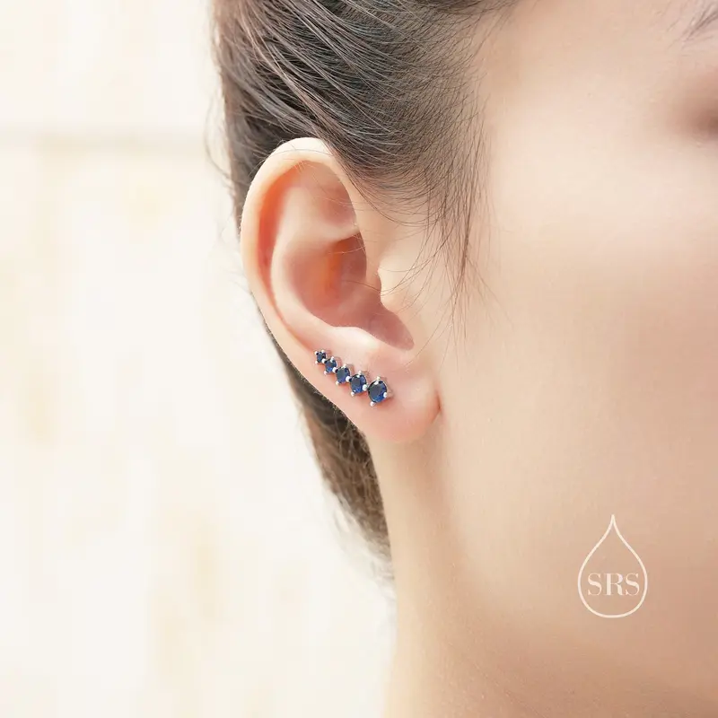 Sapphire Blue CZ Crystal Crawler Earrings in Sterling Silver, Silver or Gold 0
