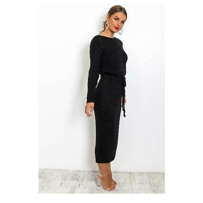 Ladies Cable Knitted Pocket Tie up Long Midi Dress with Belt - Clothing Knitwear Womenswear 4