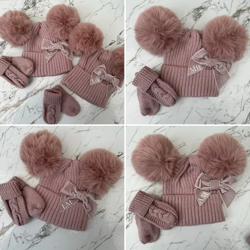 Biscuit or Dusky Pink Double Pom Pom Hat & Mittens - One Size Newborn - 12 Months. 5