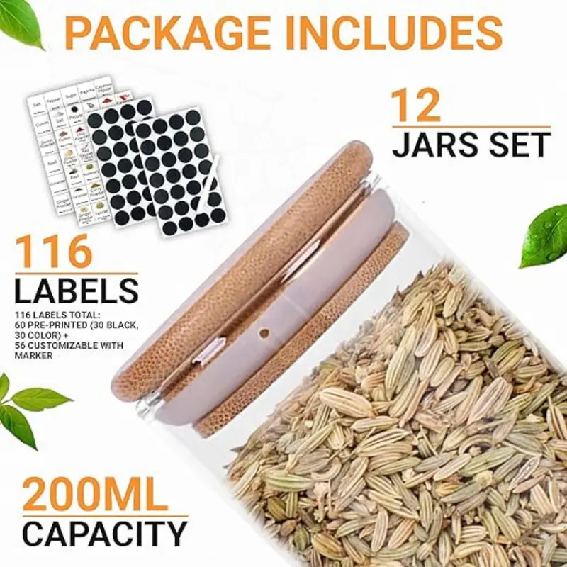 Fast Shipping -  Premium Spice Jars with lids and labels – Spice Jars 12 pack with 116 labels – Kitchen Cereal Storage & organization of Spice Jars with Bamboo Lids. Herbs, Coffee, Seeds, Nuts Container, 200ml-250ml 3