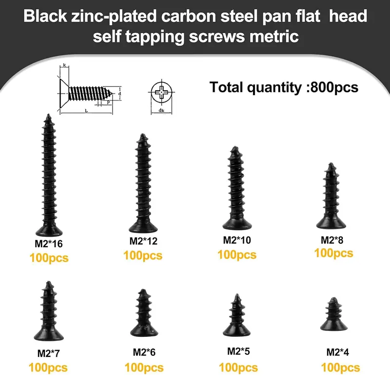800 Pcs M2 Self Tapping Screw Kit Small Black Carbon Steel Self Drilling Screws Tiny Wood Screw Flat Countersunk Cross Head Screws Assortment Set for Wood Soft Metal Plastic 4/5/6/7/8/10/12/16 mm 1