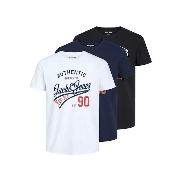 Jack & Jones 3 Pack JJETHAN Crew Neck T-Shirts - White/Blue/Black