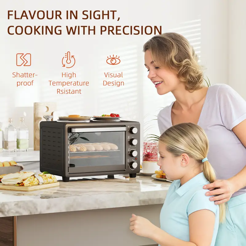 HOMCOM 28L Mini Oven with 2 Hot Plates, Countertop Toaster Oven, Grill, Roast, Bake, Boil, with Timer, Adjustable Temperature, Electric Oven with Baking Tray, Grill Rack, Crumb Tray, 2600W, Black 8