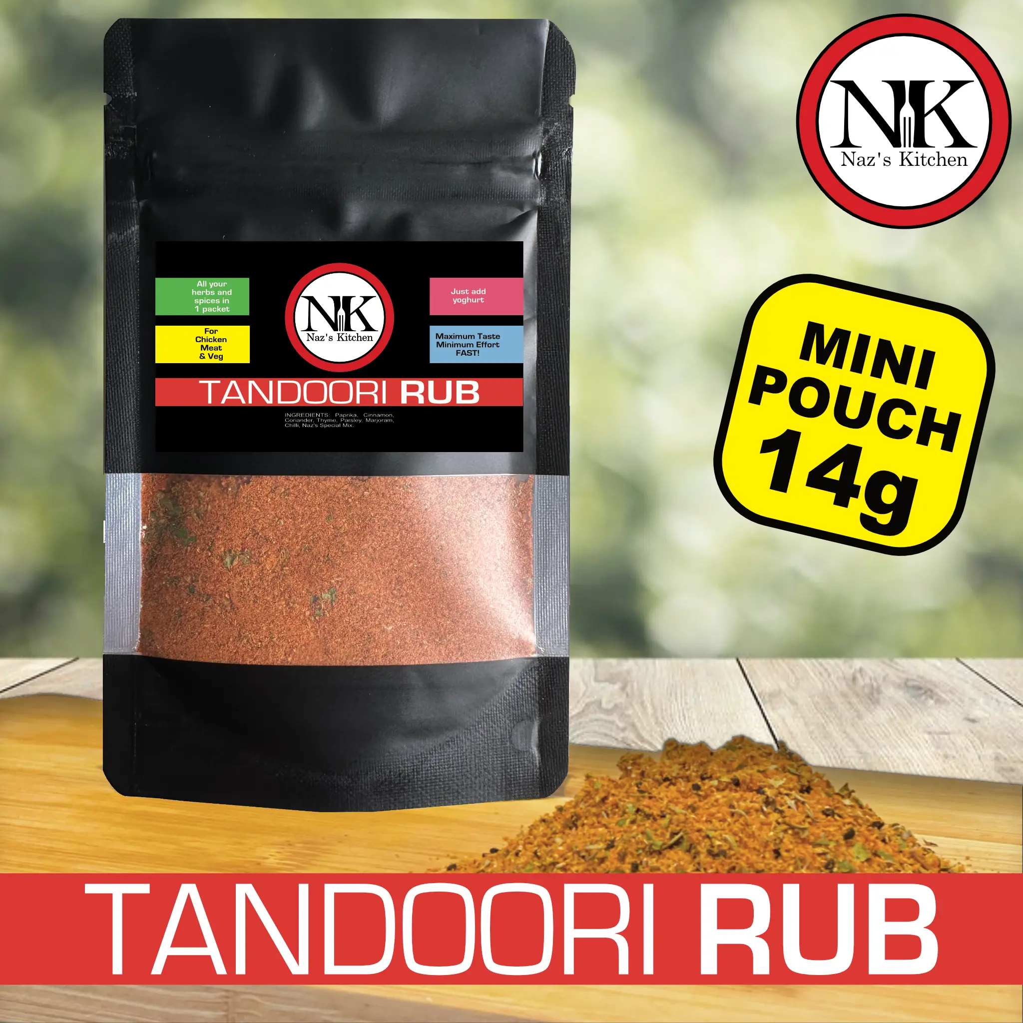 Naz's Kitchen Tandoori Rub Spice Flavour Spice MINI POUCH 14g