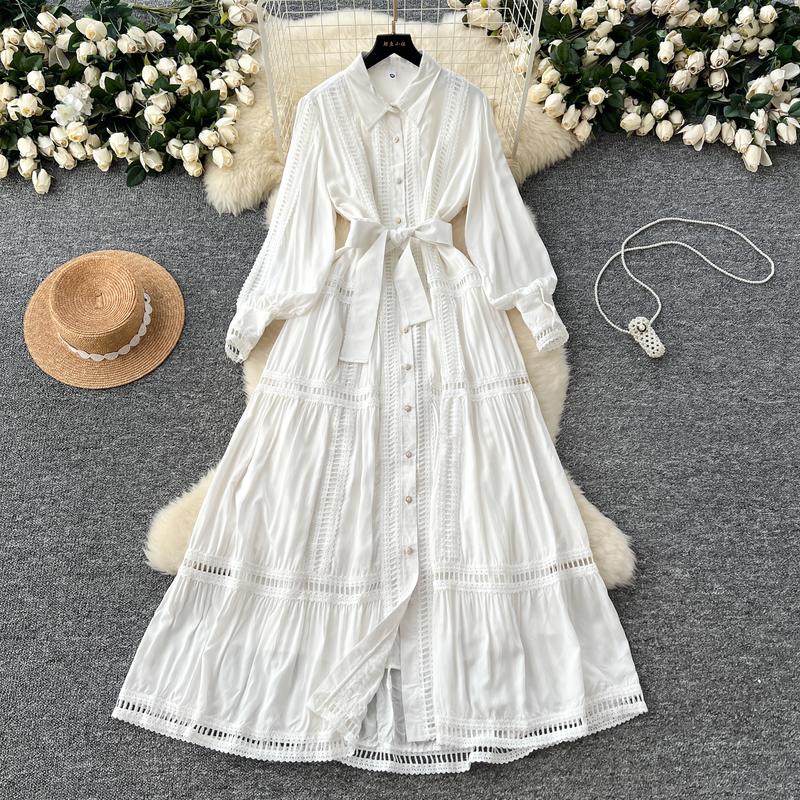 Boutique Wholesale 2024 Autumn New Fashionable Retro Hollow Lace Splicing Waist Slimming Single Breasted Women's Dress 2