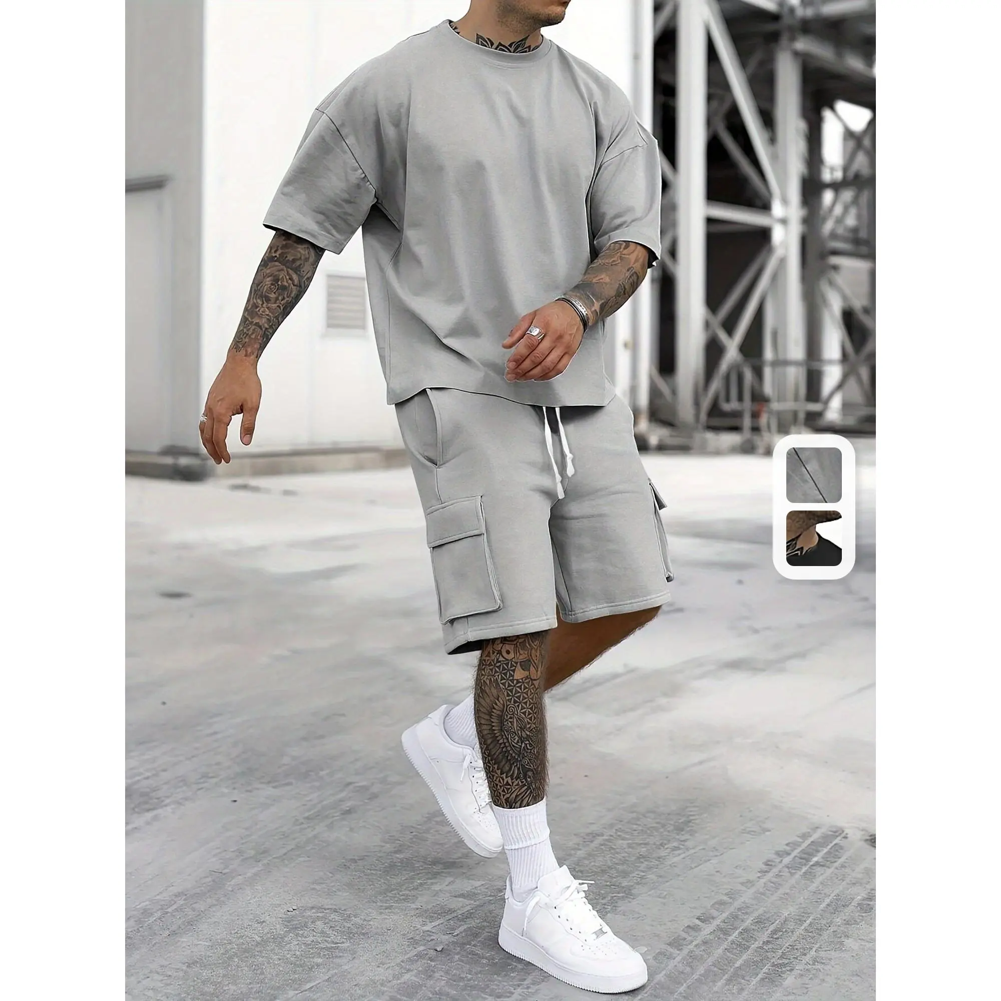 Men's Outfit, Solid Casual Loose Crew Neck Short Sleeve T-Shirt & Drawstring Shorts With Multi Pockets 2-piece Set For Summer Outdoor Activities