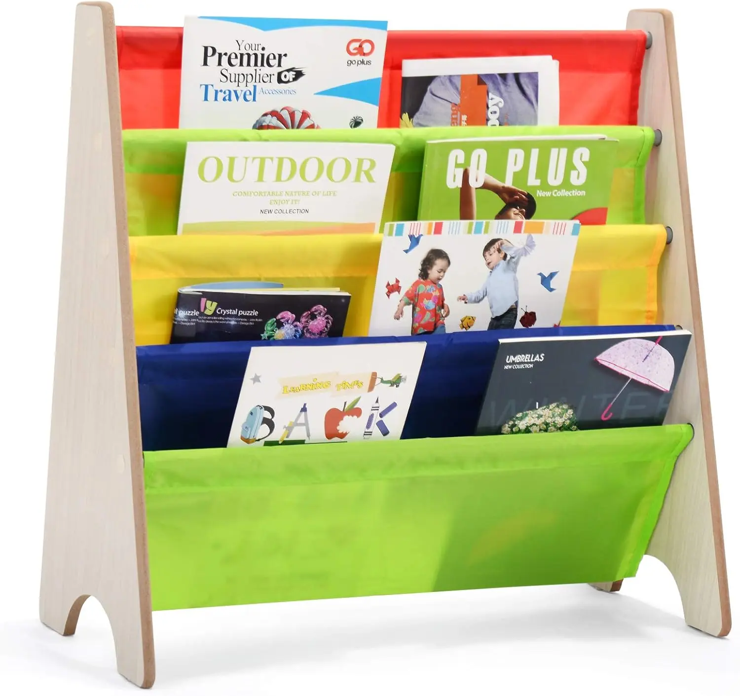 COSTWAY Kids Book Storage Rack, 4 Tier Sling Bookshelf with Fabric Shelves, Easy Access Children Bookcase for Toddlers Bedroom Playroom
