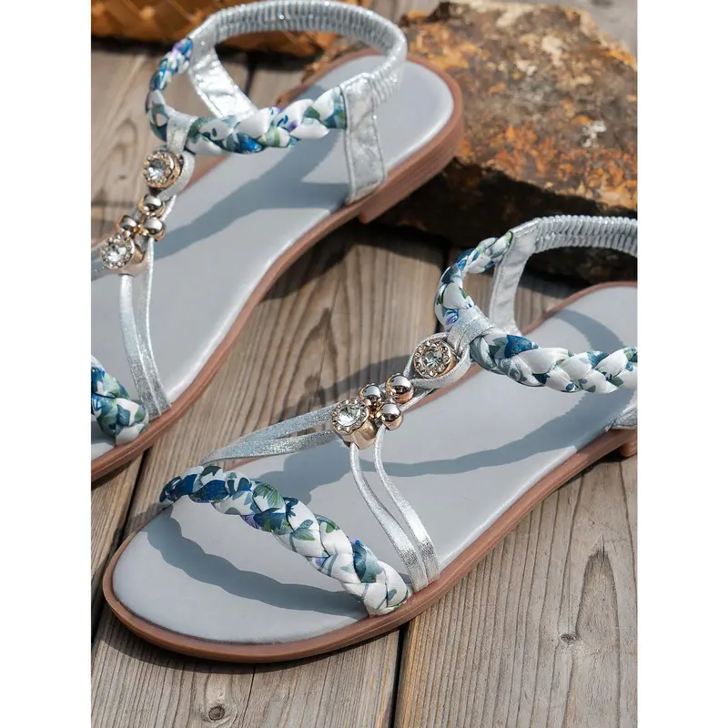 WRCVS Summer Women  Woven Flat Sandals Grey Sewing Thread Anti-Skid Beach Shoes Light Flower Patterns Random Colors 7