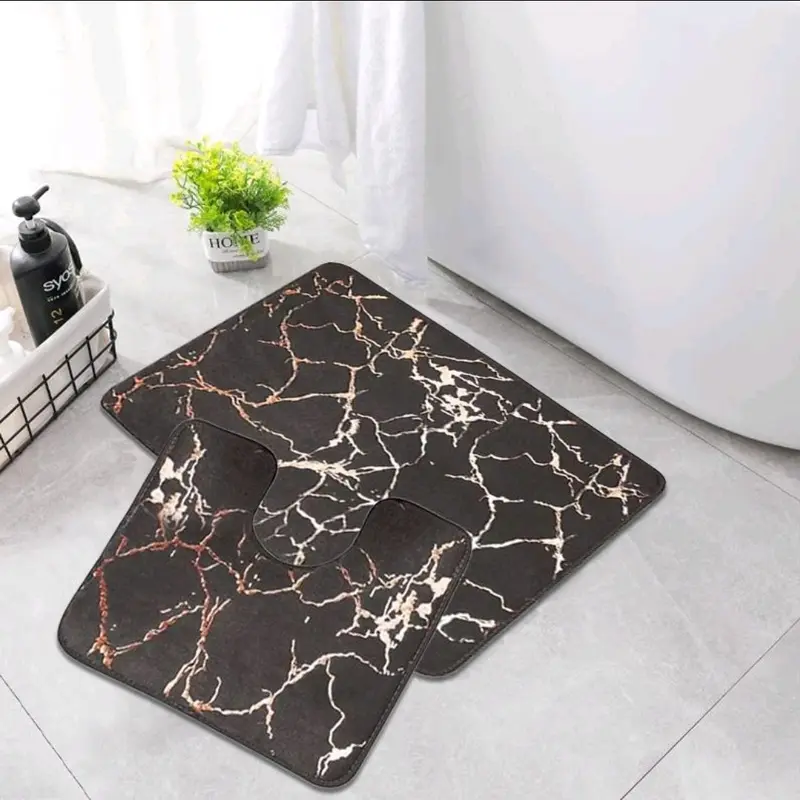 STUNNING LUXURY NON SLIP WATER RESISTANT 2 PIECE MARBLE EFFECT BATH MAT SET 50×80cm mat and toilet cover 6