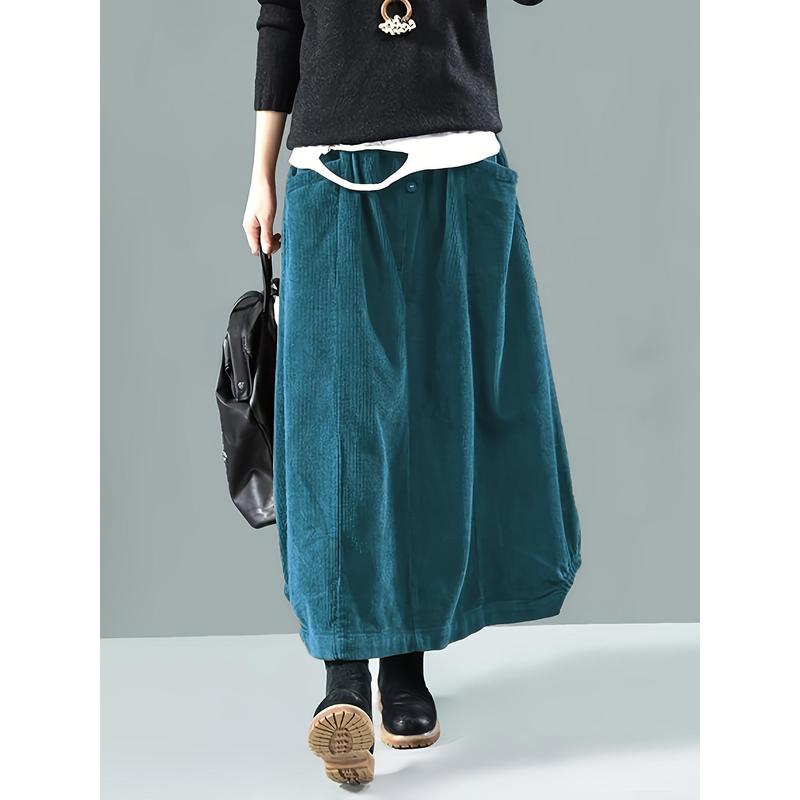 Button Detail Elastic Waist Skirt, Casual Dual Pockets Cocoon Skirt For Spring & Fall, Women's Clothing Womenswear Bottom 7