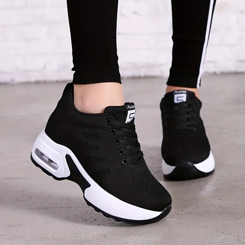 Women's Solid Color Knit Sneakers, Lace Up Heightening Casual Breathable Sporty Trainers, Versatile Low-top Comfy Shoes