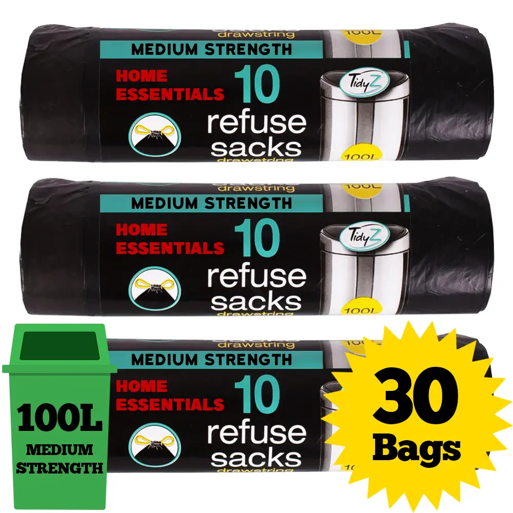 Tidyz 30 Super Strong 100L Refuse Sacks with Drawstring Closure Bin Bags 10 x 3 pack normal thick trash bags normal durable Cleaning