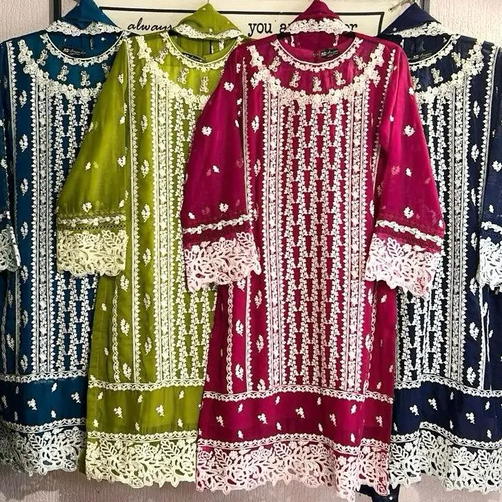 Aghanoor inspired 3pc fully heavy embroidered Chiffon Dress with silk trouser.. 8