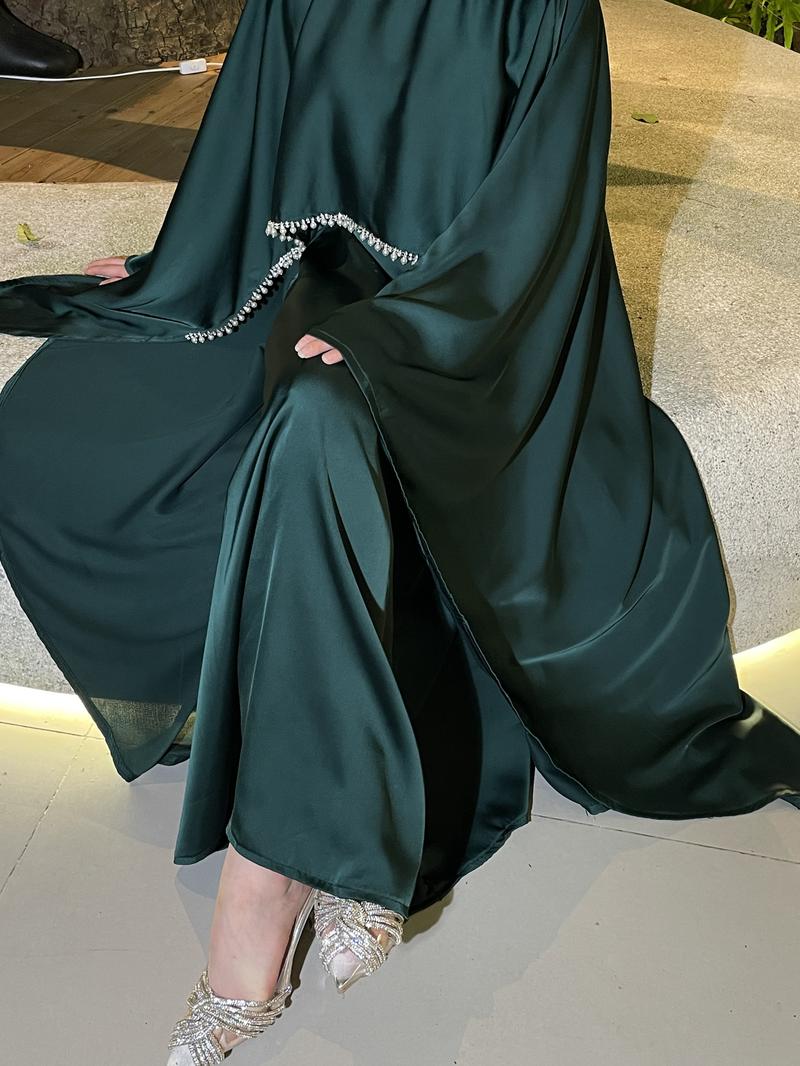 Product Introduction of 2025 Ramadan Promotion Two- piece Satin cape elegant dress , occasion abaya , Modest dress with pearl and crystal 15