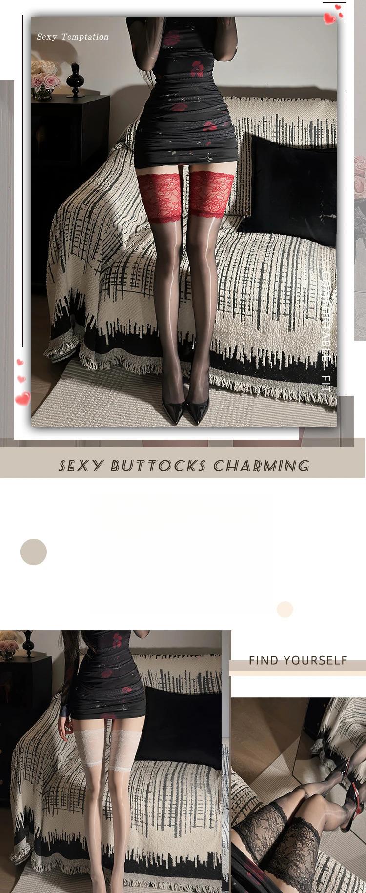 Product Introduction of Sexy Lace and Horse Oil Thigh High Socks Woman Red Gray Black Skin Color Stockings Club Internet Celebrity Medias Transparent Nylon Womenswear 6
