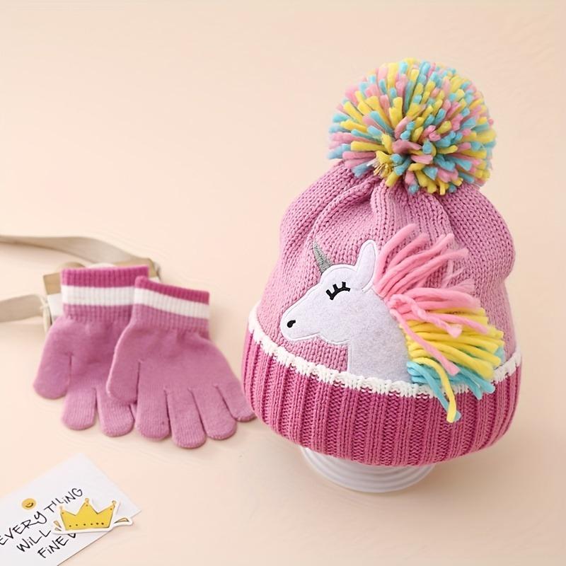 Product Introduction of Girls' Unicorn Cartoon Knit Beanie & Gloves Set - Cozy Winter Warmth for -6, Perfect Gift, Colorful, Outdoor, Sweater 1