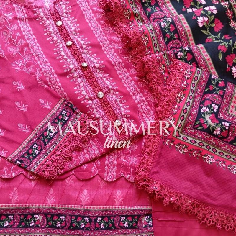 NEW Mausummery 2024 linen 3pc Digital Printed Dress with Lacing  Dupatta stitched suits pakistani dresses 7
