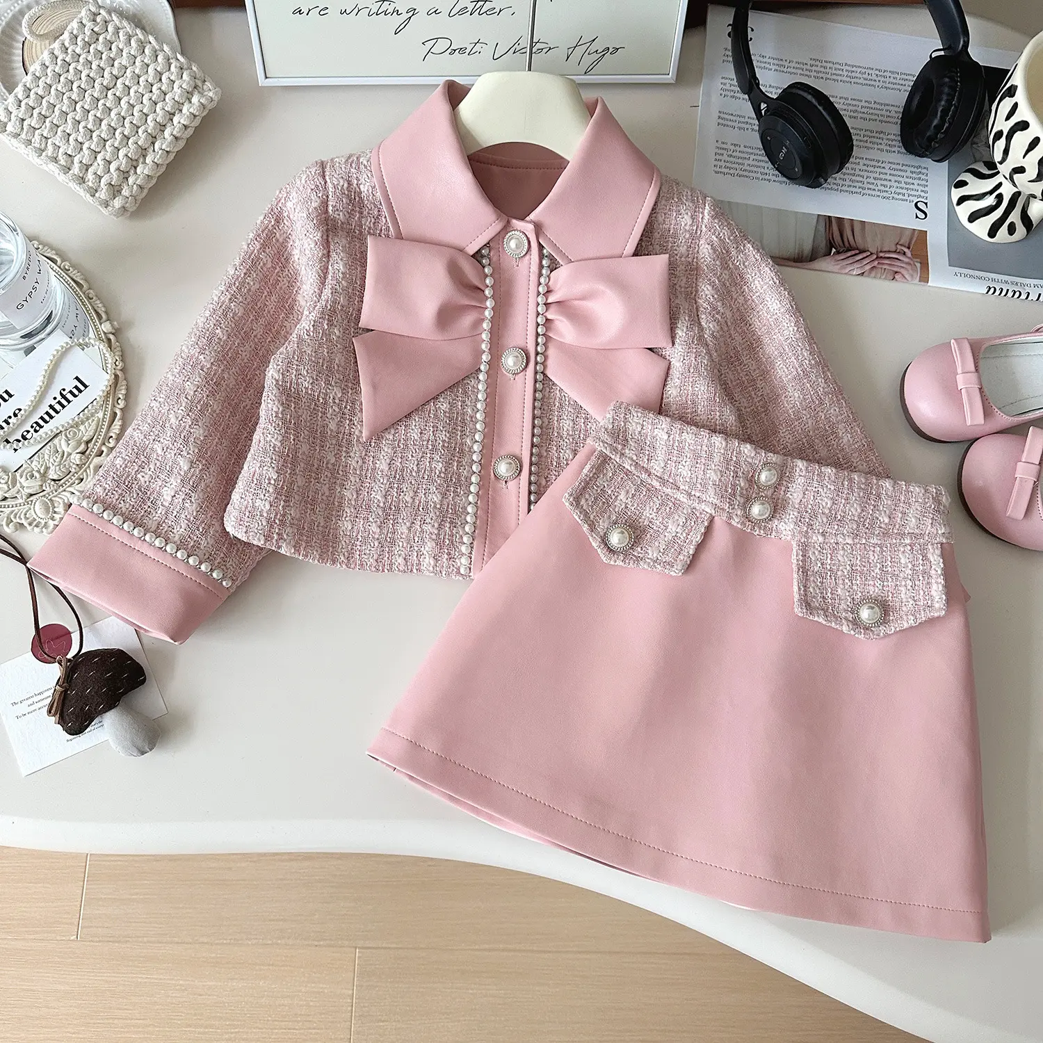 Girls Tweed Jacket with Bow and A-Line Mini Skirt Set cute matching girl overalls pink  hoodie plain outfits 2