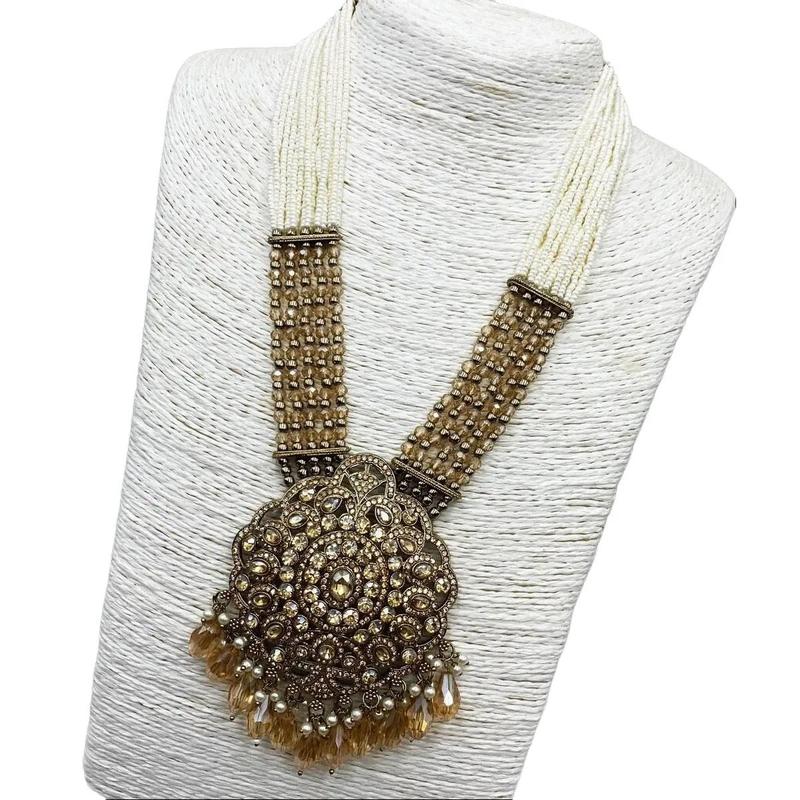 Gana Gold Stone Long Necklace Set - Antique Gold Indian Jewellery (Free Delivery) 5