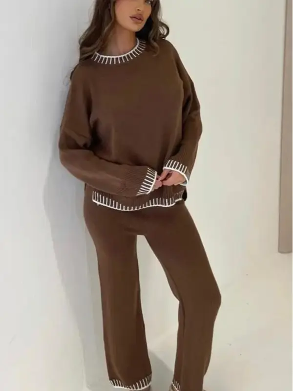 Long Sleeve Suits knitted Relaxed Fit Womenswear Ladies Tracksuit Overalls Palazzo Comfort Knitwear Trouser Leg 5