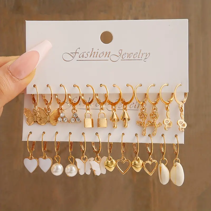 12 Pairs/ Set Heart Mushroom Lock Shell Faux Pearl Shiny Rhinestone Pendant Dangle Earrings Set Elegant Leisure Style Trendy Female Gift 1