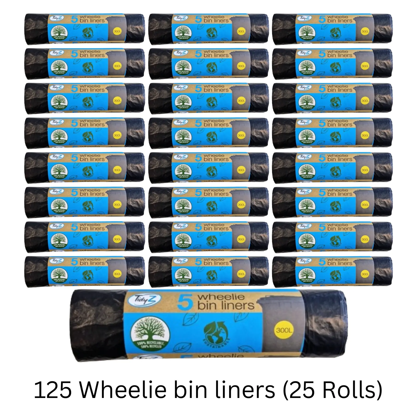 Tidyz 125 Extra Large Wheelie Bin Liners Waste Rubbish Bags 300L Capacity (25 rolls) Household Lightweight Pack