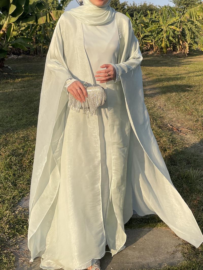 Product Introduction of #LY06  Ramadan Promotion Three-piece Elegant butterfly organza abaya set, shimmer abaya set with inner dress and hijab 13