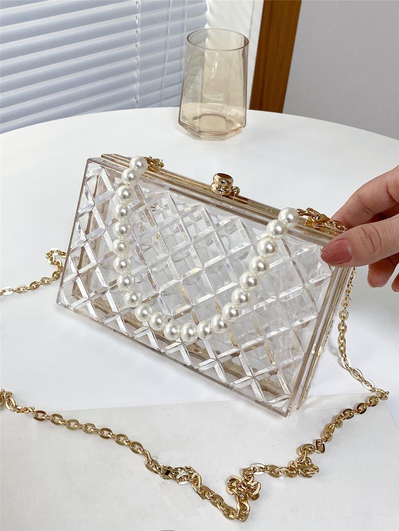Product Introduction of NEW Pearl Handle Acrylic Mini Box Bag, Transparent Rhombus Clasp Pouch, Fashion Women's Evening Clutch Party Box Bag {Popular Gifts} 10