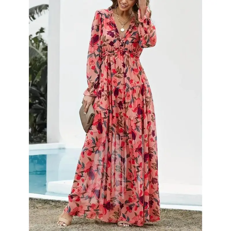 Women's Floral Frill Ruffle Hem Flounce Sleeve Maxi Fancy Dress, Bohemian Deep V Neck A Line Dress for Beach, Ditsy Floral Dress, Muscle Mommy Sundress, Hide Your Tummy Outfits, Birthday Dresses 2025, City Chic Dress Uk,  Clarasummers14 Dress