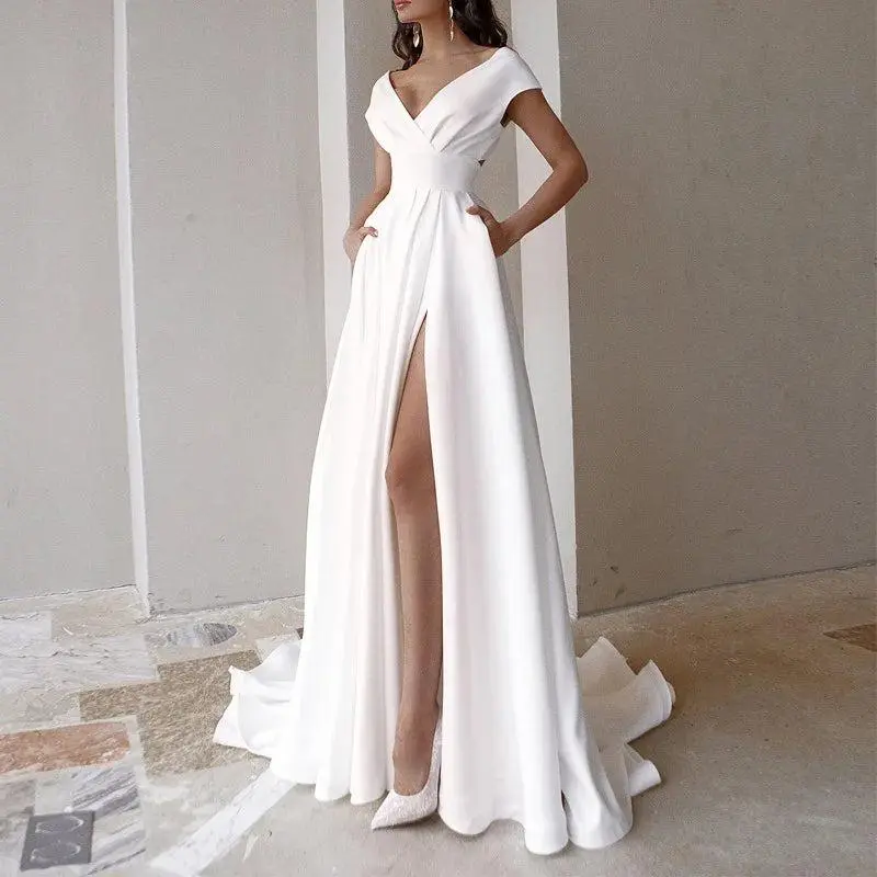 Prom Maxi Dress for Women Wedding Party Cloth V-neck Solid Backless Short Sleeve Mopping Long Skirt Vestidos Woman White Dresses 1