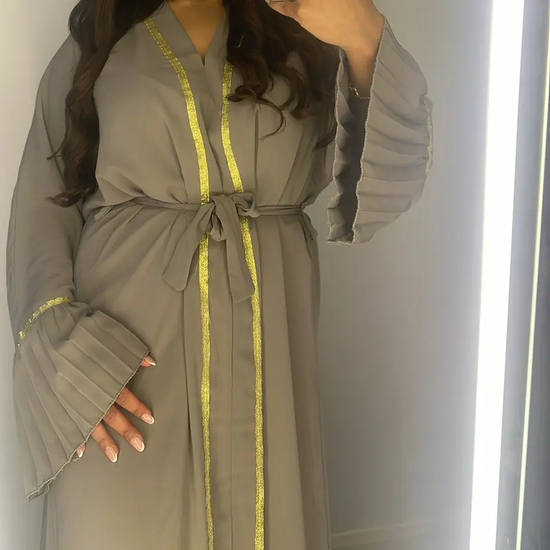 Women's Gold Trim Abaya V-Neck Bell Sleeve Pleat edge Belted Maxi dress, Modest Fashion, Arabian Islamic Clothing, One Size 10 to 14 5