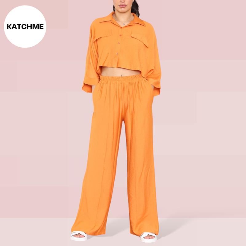 KatchMe Women's Versatile Long Sleeve Button Crop Top & Elastic Waist Pocket Trousers Co-ord,Lady Two-Piece Outfit for Womenswear,Plain Co-ord Set 3