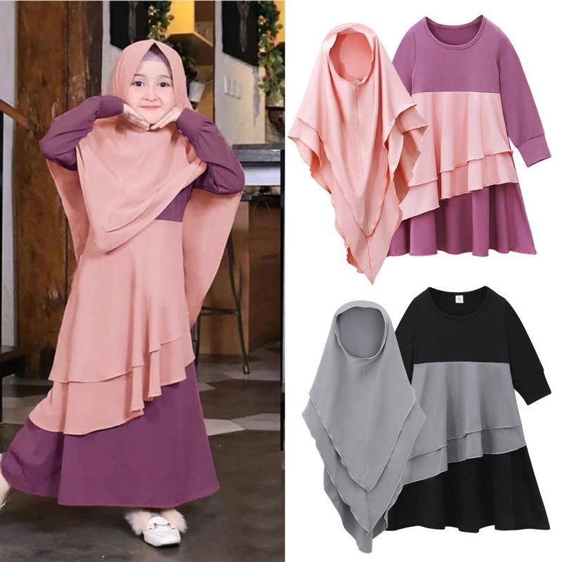HASASERIES HS1194 2pcs Set,Child Abaya with Two Layer Khimar 0
