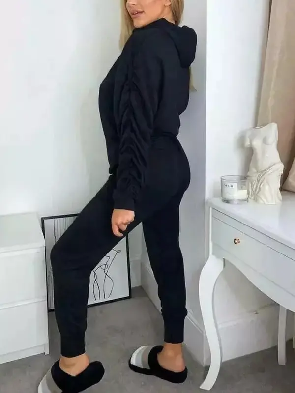 Women's Ladies Ruched Sleeve Hoodie top and Bottom Suit Lounge Set Tracksuit UK 2