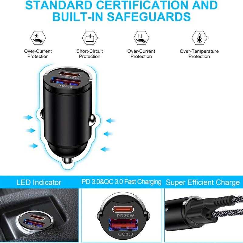 USB A + C dual port fast charging mini pull ring car charger, pd30w + qc3.0 type C car charger adapter, supports 5V 2.4A charging wide compatibility 1