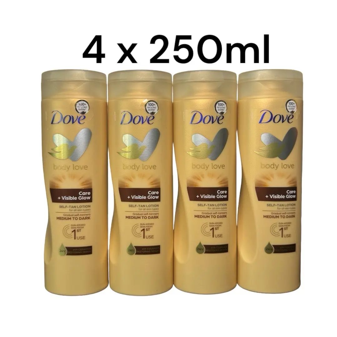 4 x250ml Dove Visible Glow Self Tan Moisturiser Body Lotion Medium to Dark Skin