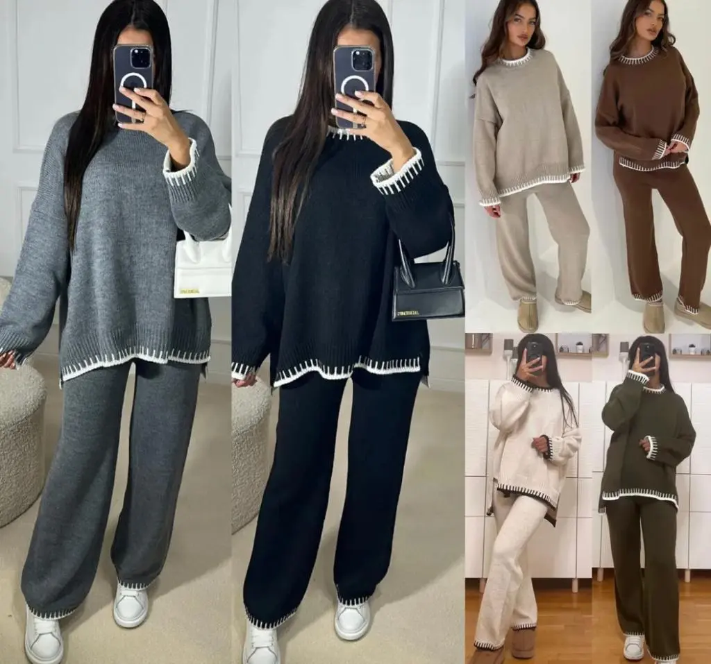 H.O.S Casual Lounge Wear Rib Knit Wide Leg Women's Co Ord Set (One Size 6-12)stitchset Womenswear