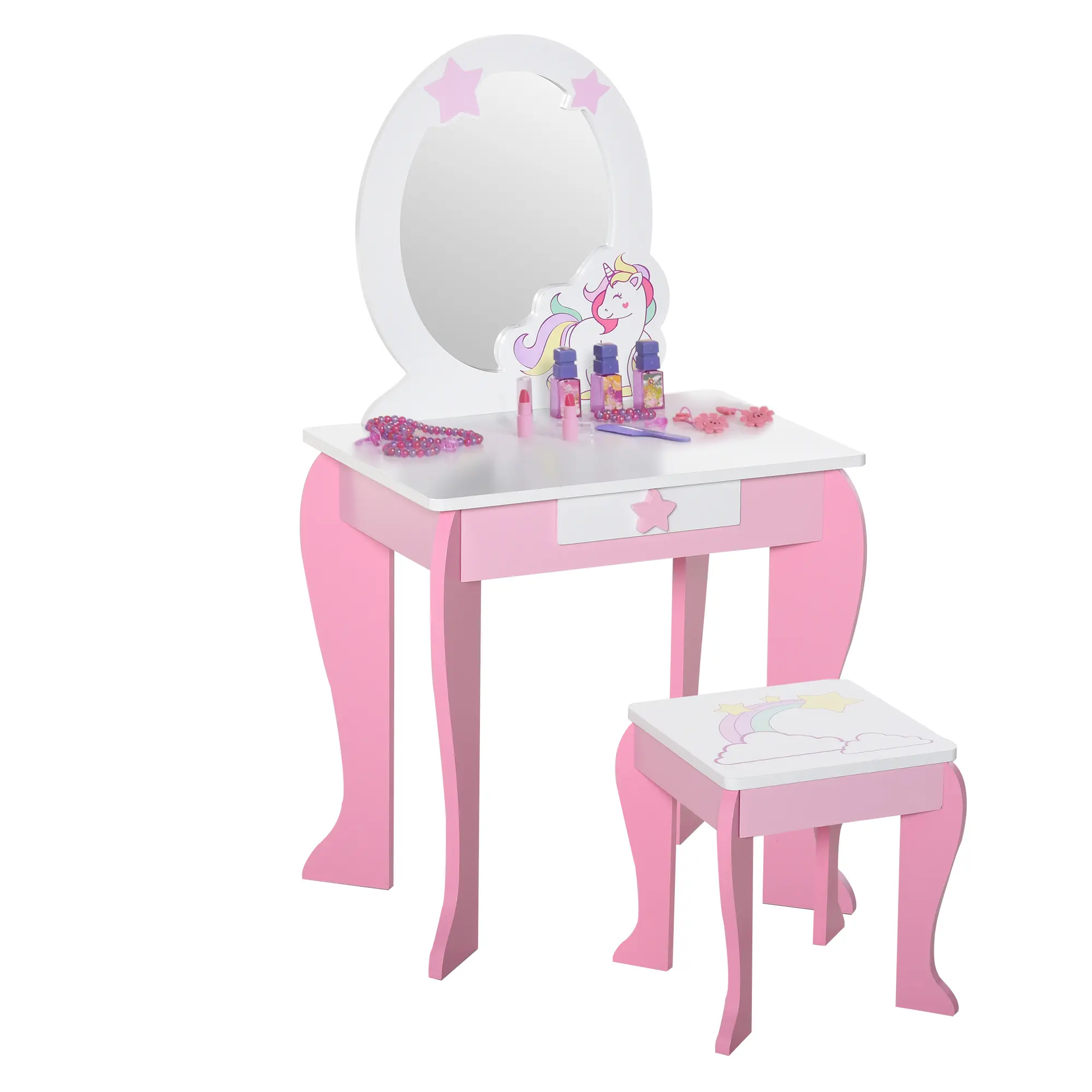 HOMCOM Girls Dressing Table with Mirror, Stool, Pretend Play Toy