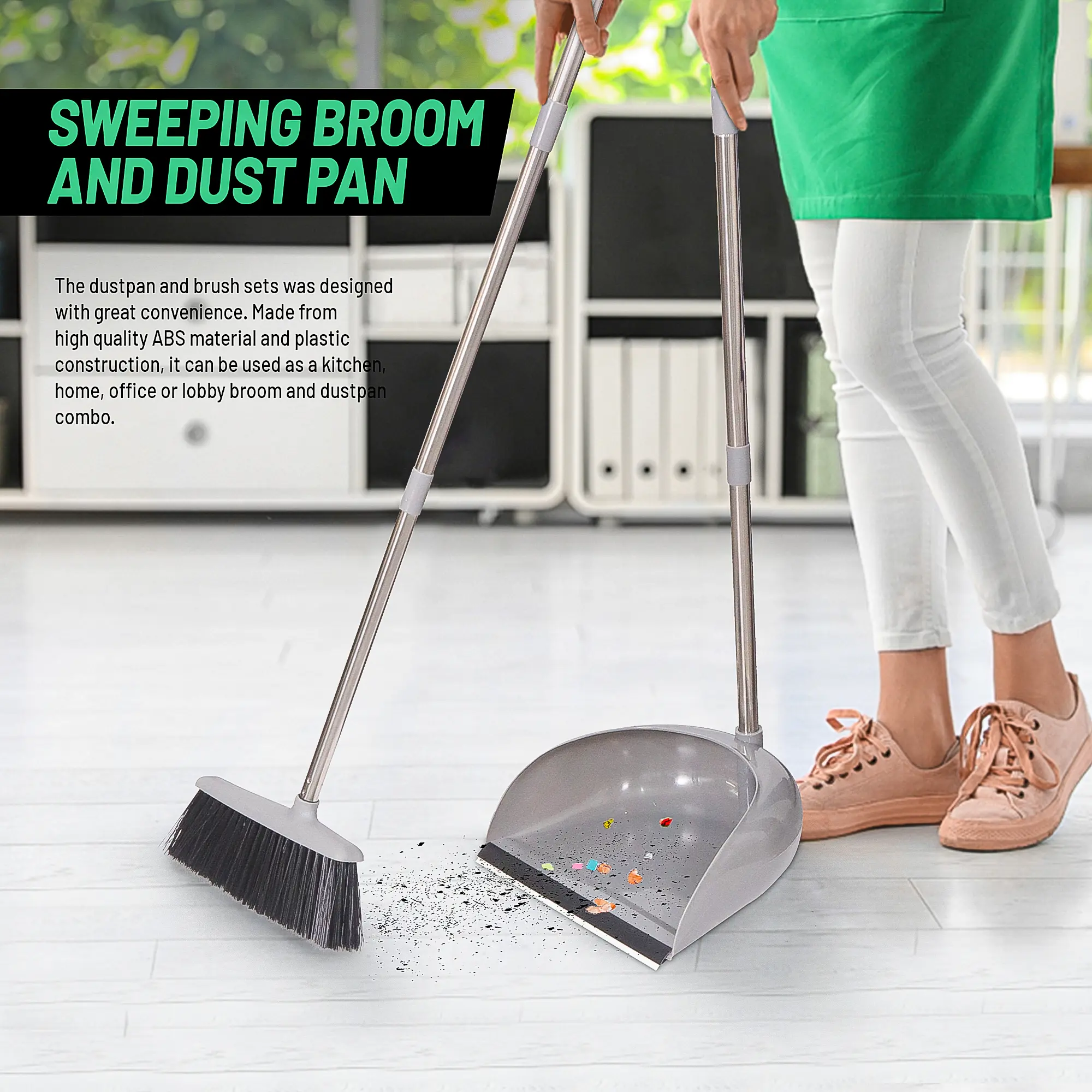 Dustpan and Brush Set | Long Handled Soft Bristle Broom &amp; Dust Pan for Indoor Office Cleaning | Grey