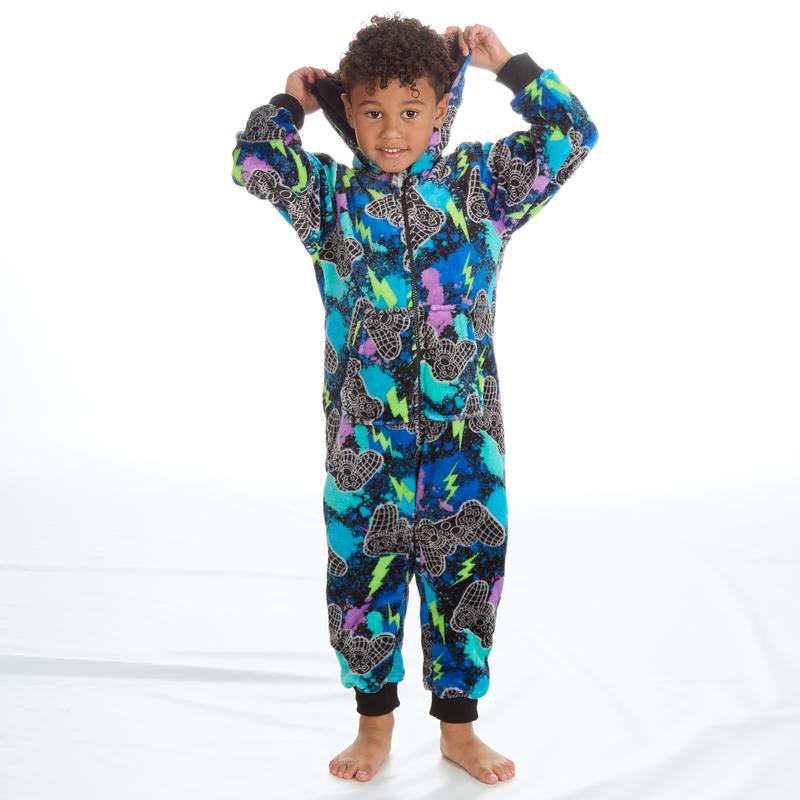 Kids Boys Gaming Onesie Gamer All in One Jumpsuit Plush Fleece Childs Boy Hooded Game Themed One Piece Pyjamas Cuffed Long SleeveWarm Cosy Zip Up Navy All Over Printed 3 4 5 6 Years 3