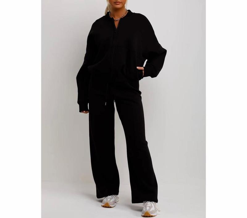 Bomber Sweatshirt With Zip And Joggers Loungewear Set Black Womenswear 0
