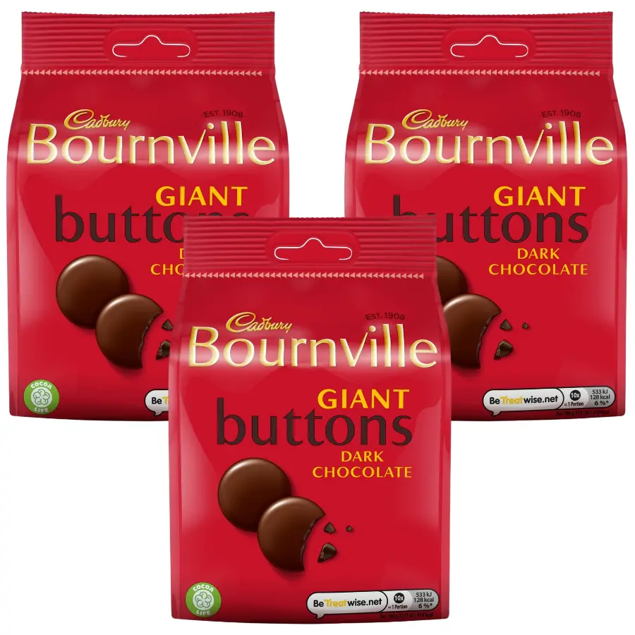 Cadbury Bournville Dark Chocolate Giant Buttons Bag 110g - 3 Pack | Suitable For Vegetarians.