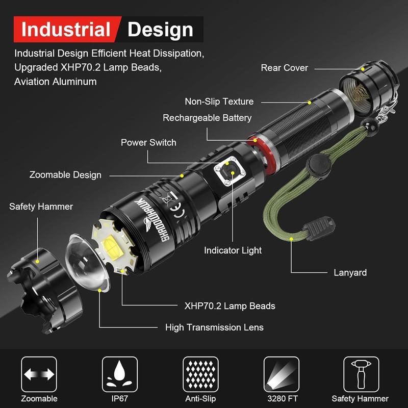 Torches LED Super Bright, 30000 Lumens Rechargeable LED Torch, USB Tactical Flashlight, XHP70.2, IP67 Waterproof, 5 Light Modes Zoomable, for Camping Hiking Emergency [Energy Class A+++] 6