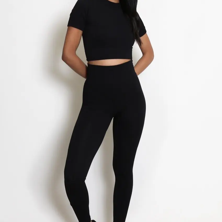 Women's Black Ribbed Short Sleeve Top and Legging Set - Bottom, Womenswear